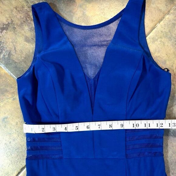 Morgan & Co. Blue Maxi Plunging V neck, Side Mesh Cutouts A-Line Size 5 - Picture 8 of 16
